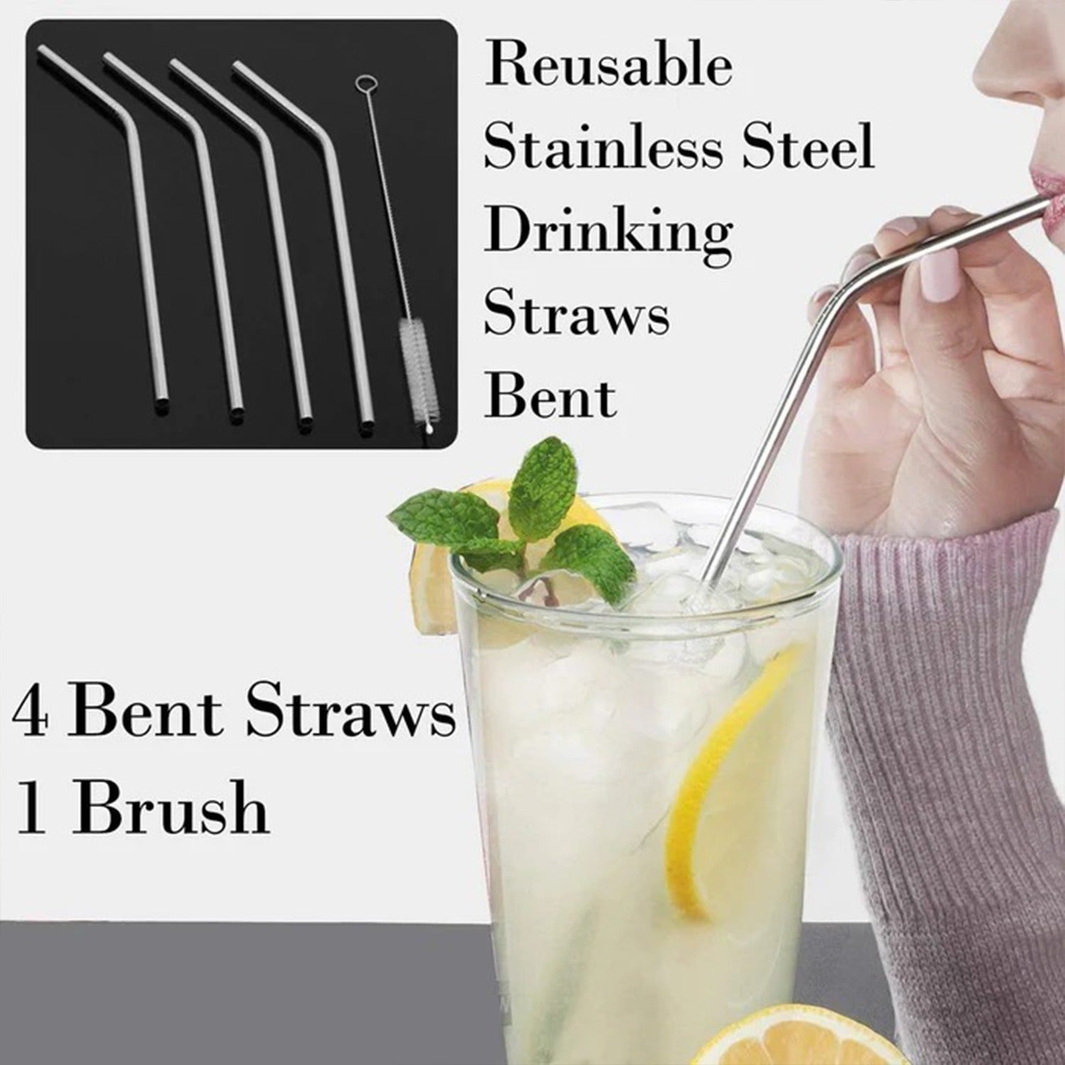 Reusable Stainless Steel Drinking Straws Bent (4 Bent Straws, 1 Brush) Reusable Stainless Steel Drinking Straws Bent (4 Bent Straws, 1 Brush)